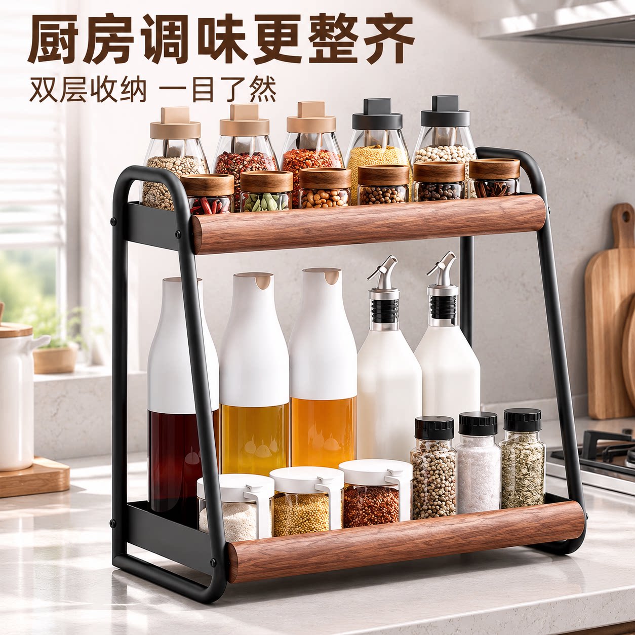 厨房调料置物架双层家用台面油盐酱醋调味瓶收纳架中古风厨具用品