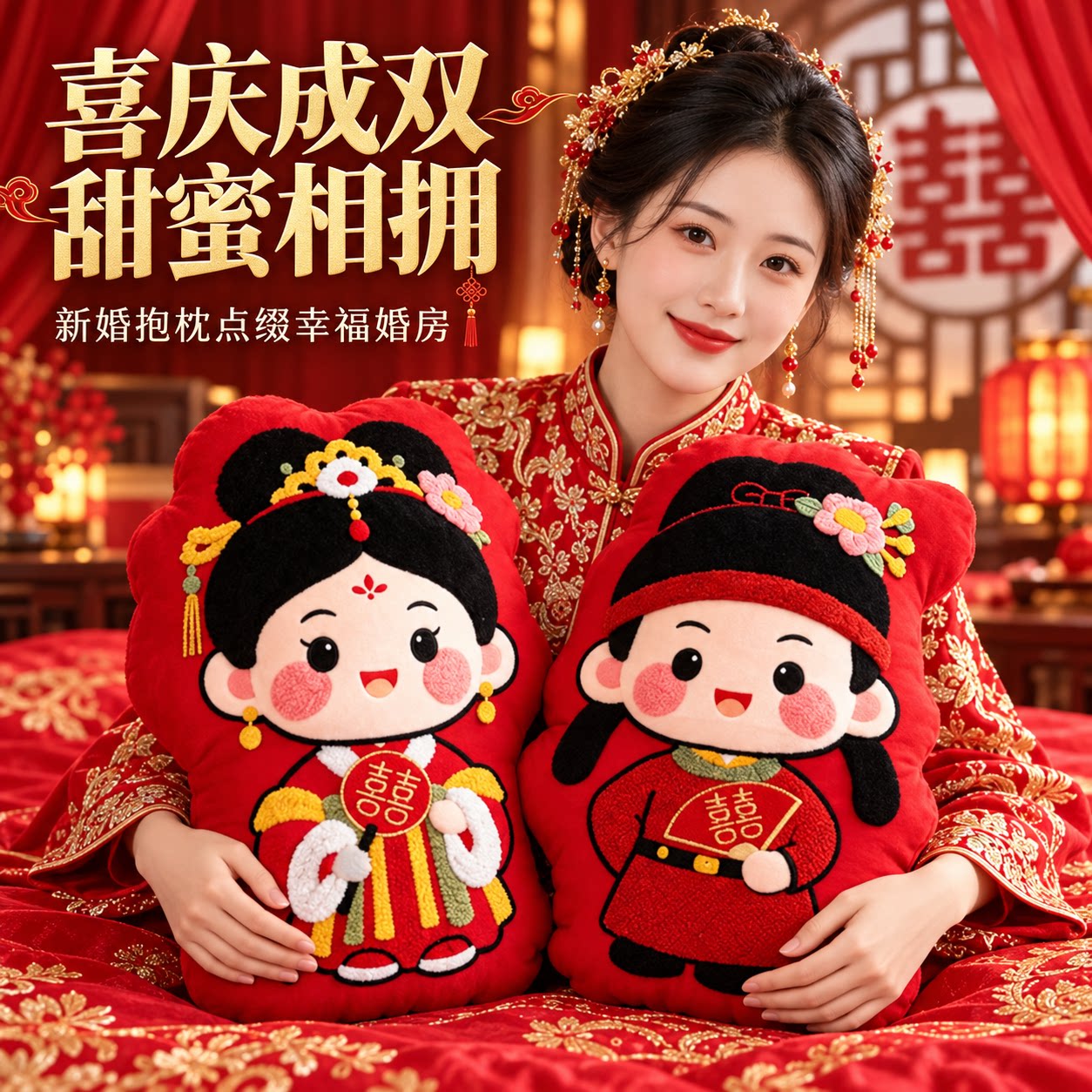 抱枕结婚一对压床娃娃红色喜字婚庆婚房靠枕新婚卧室百年好合公仔