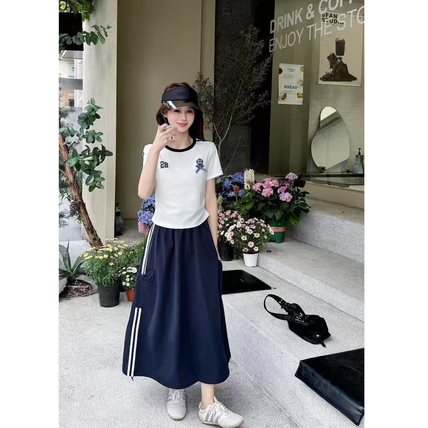 学院风甜美减龄时尚套装裙女2026夏新款撞色字母T恤半身裙两件套