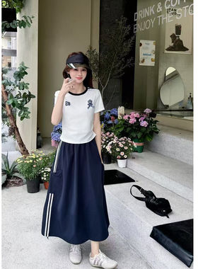 学院风甜美减龄时尚套装裙女2026夏新款撞色字母T恤半身裙两件套
