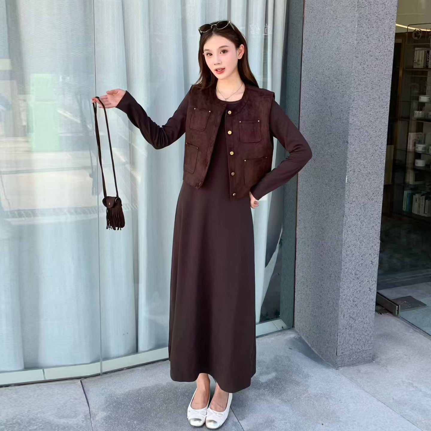 麂皮绒马甲连衣裙两件套女202连衣裙