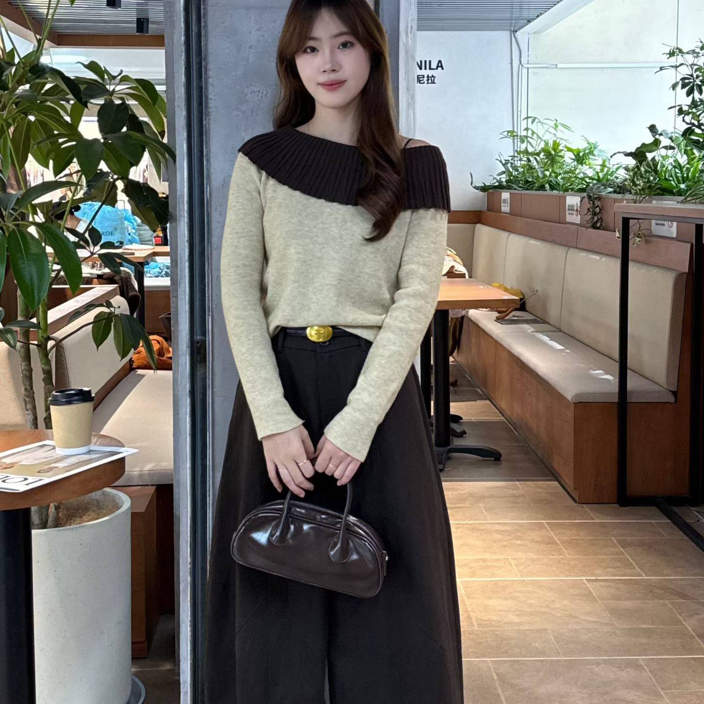 2026秋季新款简约风针织衫阔腿裤套装女显瘦腰带配饰时尚两件套