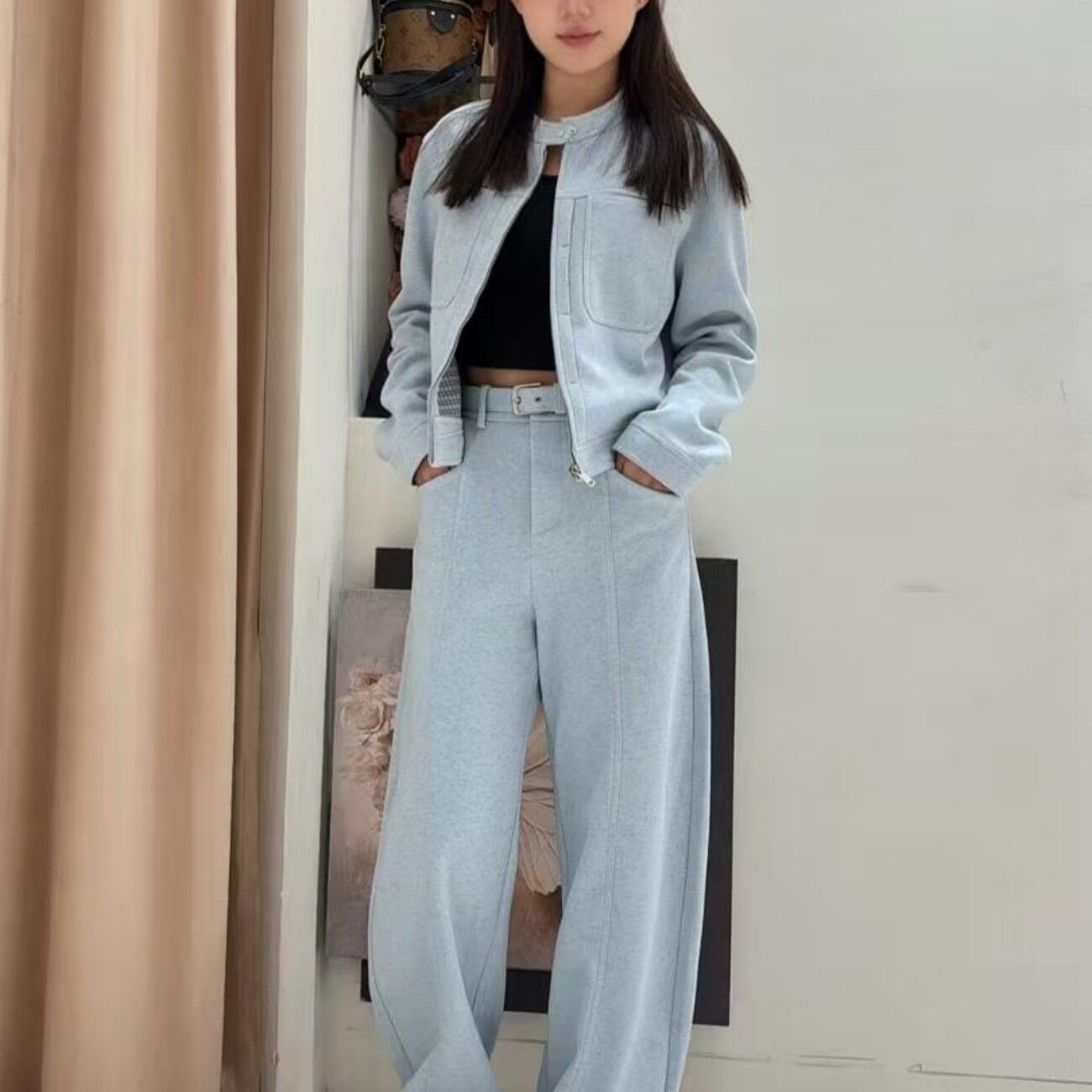 休闲运动套装女2026春装立领短外套阔腿裤慵懒风显高垂感运动穿搭