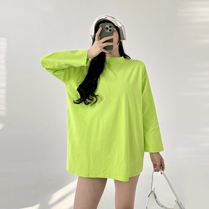 半高领t恤女中长款宽松纯棉叠穿内搭打底衫春秋外穿长袖纯色上衣