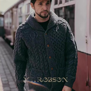 MT.Robson重磅羊毛开衫扭绳阿兰青果领外套夹克毛衣美式复古厚款