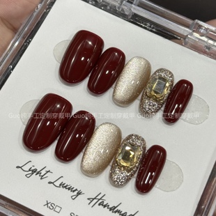 Guo穿戴甲玫红金漾高级纯手工气质显白猫眼中长款 美甲重复可拆卸