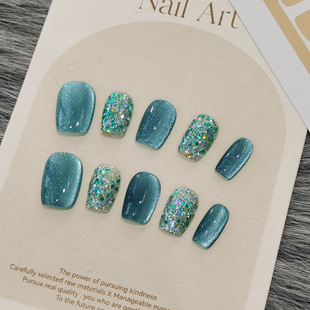 Guo穿戴甲绿野仙踪亮片绿色猫眼显白纯手工温柔夏季 可拆卸美甲