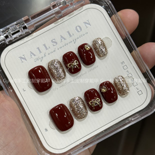 Guo穿戴甲流金岁月高级感纯手工气质显白短款 红色美甲重复可拆卸