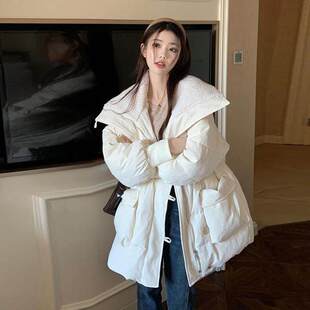 白色中长款羽绒棉服女秋冬季新款韩版宽松大口袋收腰棉衣外套