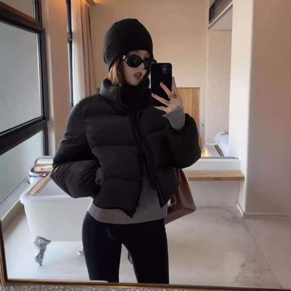 肯豆风穿搭黑色立领羽绒棉服女冬季加厚夹袄外套小个子短款派克服