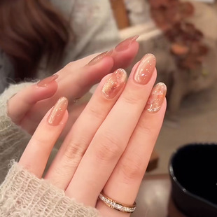 【金迷幻影】鎏金箔晕染轻奢高级感显白手工美甲金棕玻璃珠猫眼渐