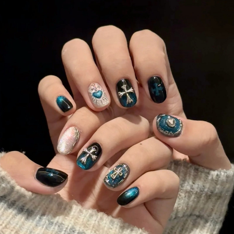 【幽蓝骑士】暗黑哥特风金属十字美甲片蓝调小众高级感手工穿戴甲,彩妆/香水/美妆工具,穿戴甲/甲片,淘宝优惠券,粉丝福利购,淘宝优惠卷