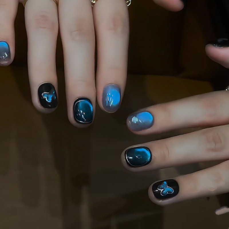 【蝶舞星河】巴洛克风爆闪暗黑蓝猫眼蝴蝶显白轻奢纯手工穿戴美甲,彩妆/香水/美妆工具,穿戴甲/甲片,淘宝优惠券,粉丝福利购,淘宝优惠卷