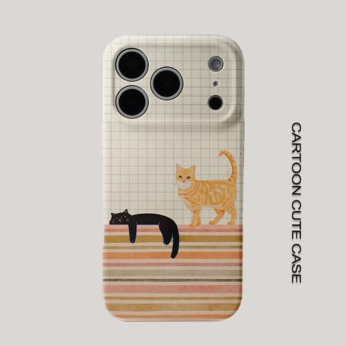 适用于iPhone17pro手机壳菲林壳奶白格纹横条纹慵懒橘黑猫保护套华为mate80promax苹果15/16/13磨砂软壳小米