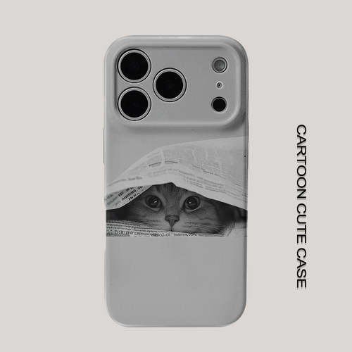 适用于iPhone17pro手机壳菲林壳黑白写实报纸遮脸小狸花猫插画华为mate80promax苹果15/16/13磨砂软壳16pro