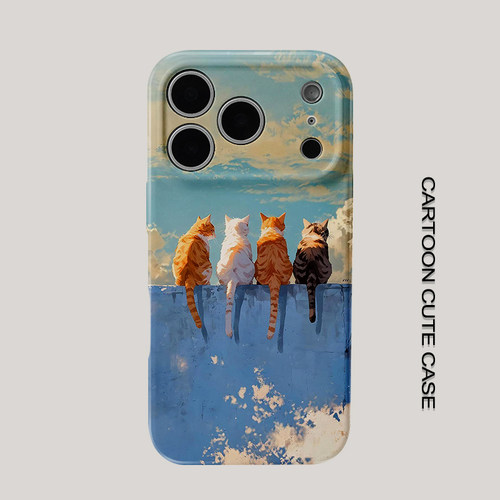 适用于iPhone17pro手机壳菲林壳蓝天云朵墙沿四只猫咪背影油画华为mate80promax苹果15/16/13磨砂软壳16pro