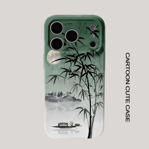 适用于iPhone17pro手机壳菲林壳渐变墨绿水墨竹林孤舟渔翁手绘华为mate80promax苹果15/16/13磨砂软壳16pro