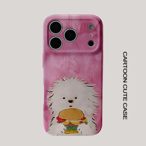 适用于iPhone17pro手机壳菲林壳粉底色抱汉堡长毛小白狗厚涂油画华为mate80promax苹果15/16/13磨砂软壳16pro