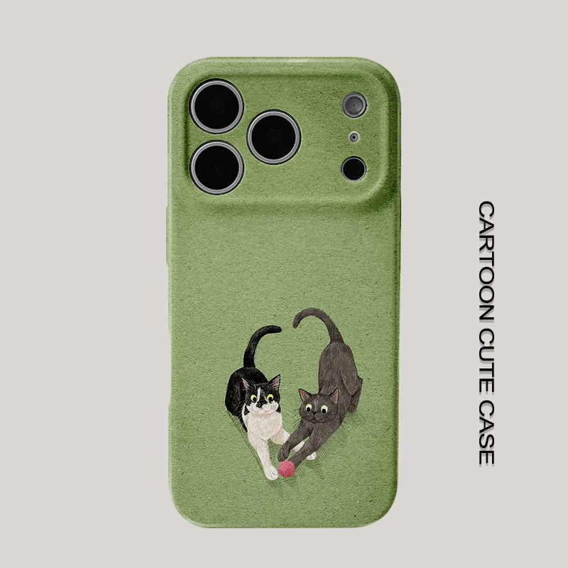 适用于iPhone18pro复古草绿手绘猫咪手机壳文艺森系玩毛线球小猫华为mate80promax苹果17/15/13磨砂软壳16pro