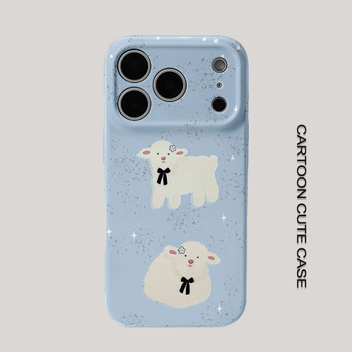 适用于iPhone17pro菲林壳浅蓝泼墨斑点小羊手机壳可爱蝴蝶结适用华为mate80promax苹果15/16/13磨砂软壳16pro