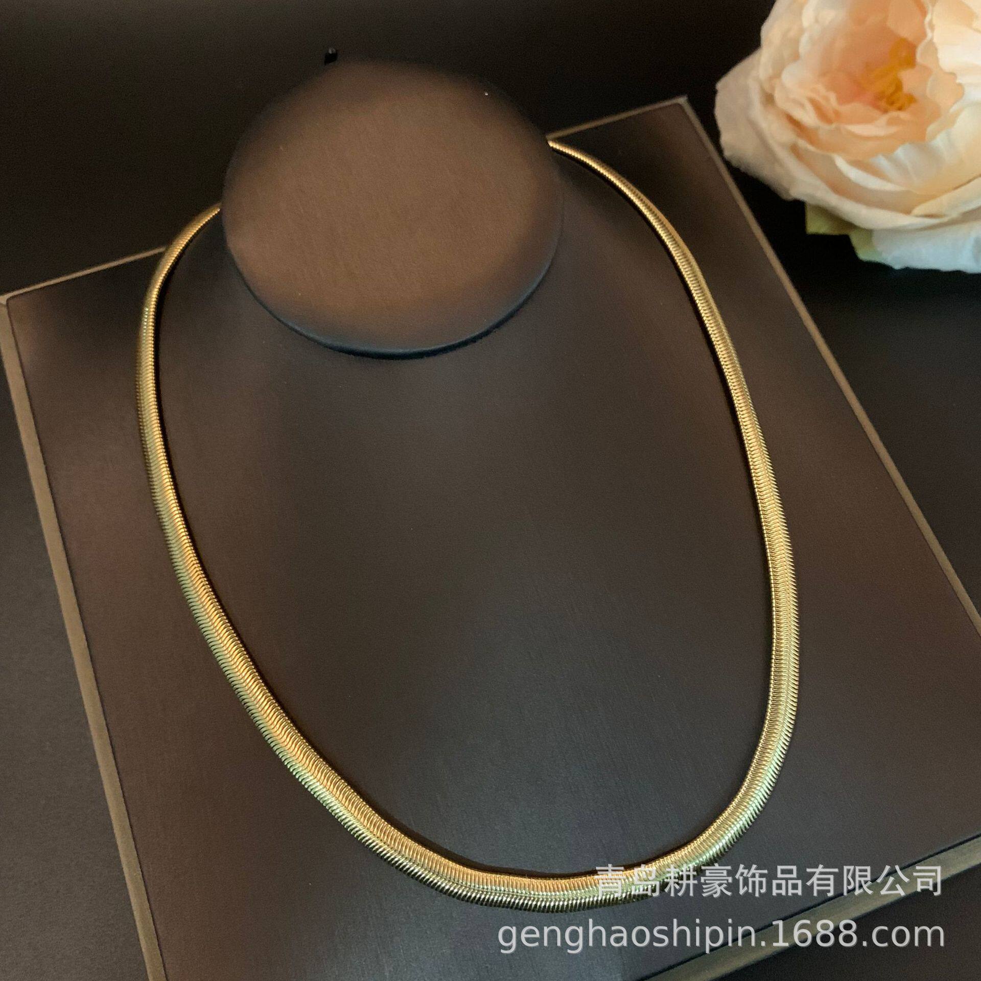 elle扁平蛇骨链鱼骨项链女锁骨链纯银镀18k金颈链生日礼物