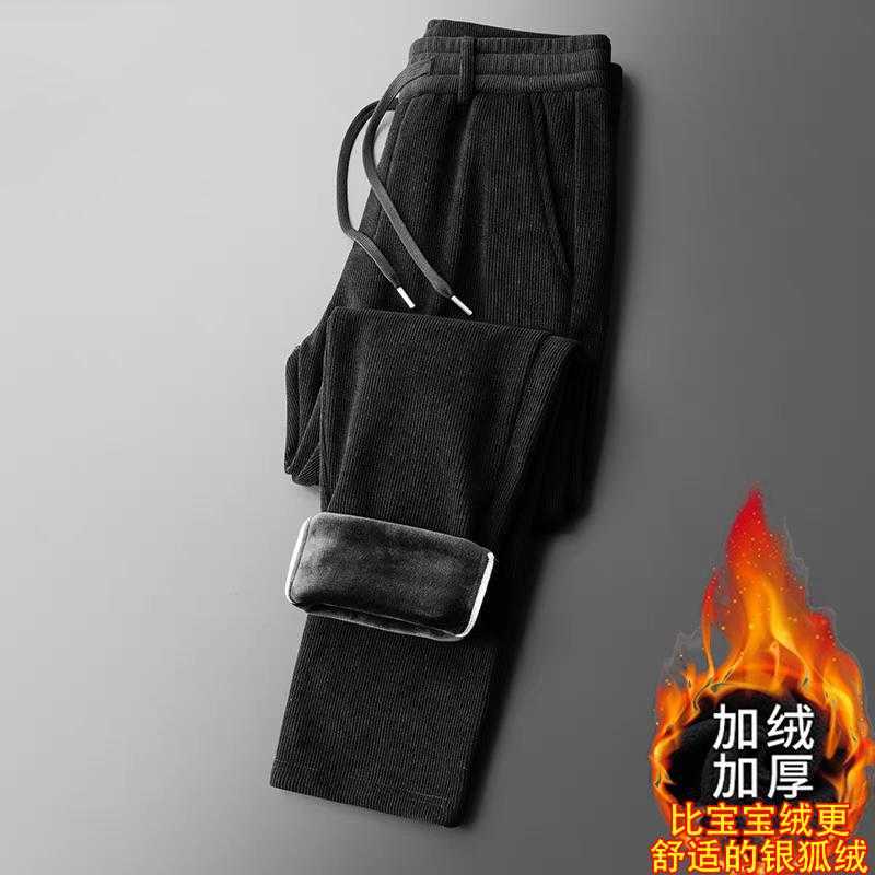 加绒加厚灯芯绒男士秋冬季垂感休闲裤直筒宽松弹力中年爸爸男裤子