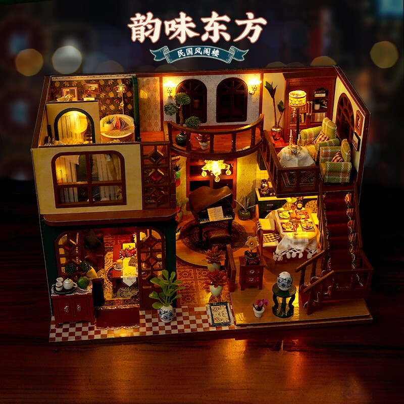 diy小屋民国风复古拼装别墅模型阁楼中式建筑模型屋玩具手工礼物