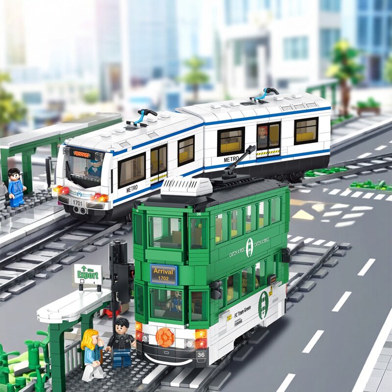 港式电轨火车轨道站台模型组合儿童拼装积木益智组装亲子互动玩具