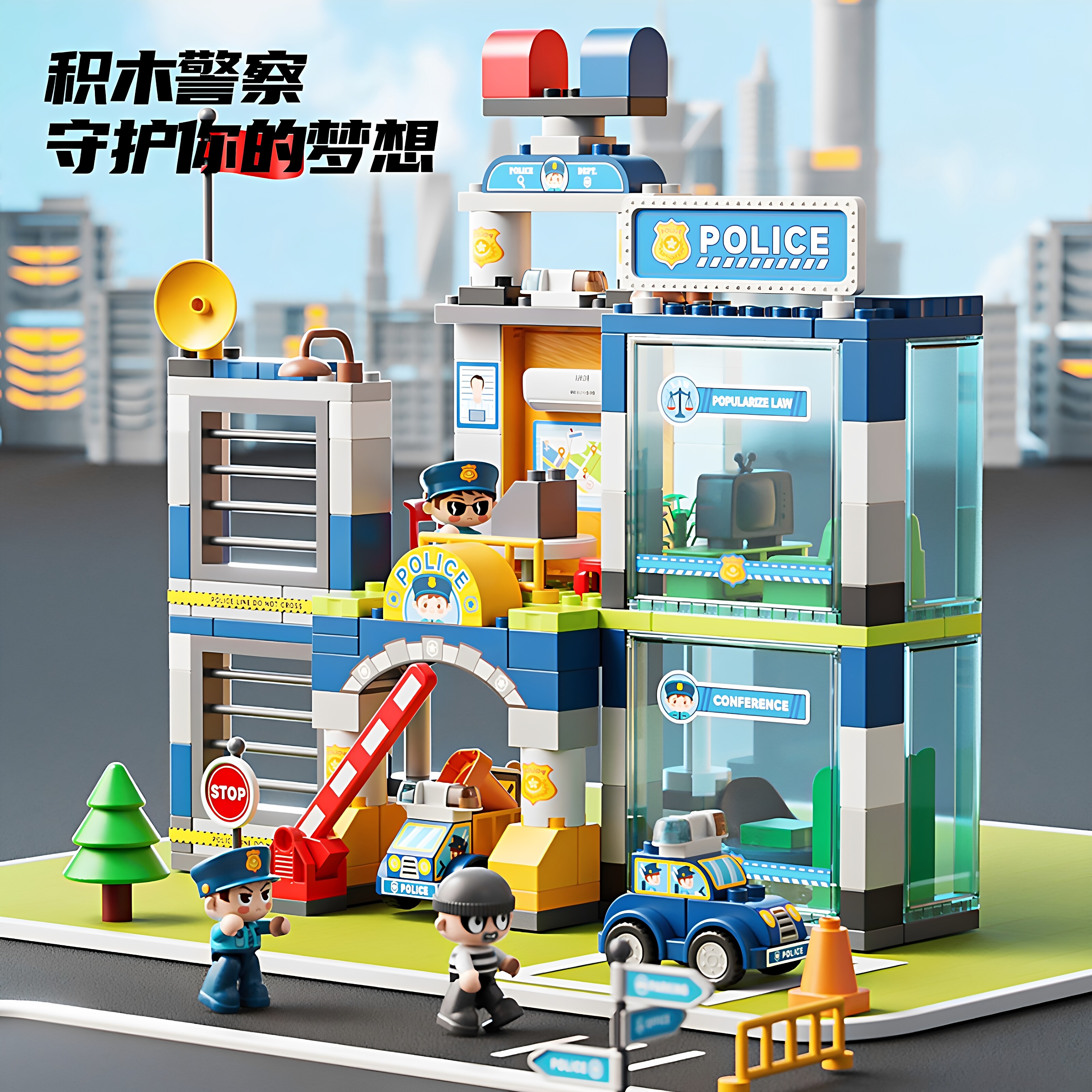 大颗粒儿童积木拼装益智警察消防城市街景拼插摆件亲子互动玩具