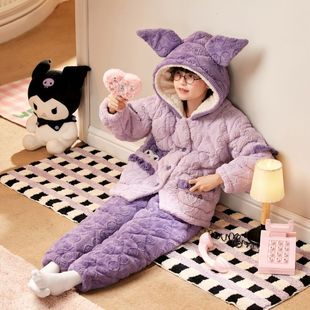 女童卡通可爱风连帽夹棉家居服套装2026款秋冬加厚三层保暖可外穿