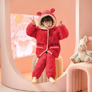 女童卡通连帽夹棉家居服套装2026新款秋冬加厚保暖可外穿三层夹棉