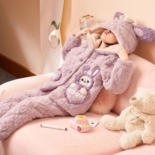 女童卡通可爱风三层夹棉开衫式睡衣秋冬加厚保暖家居服可外穿