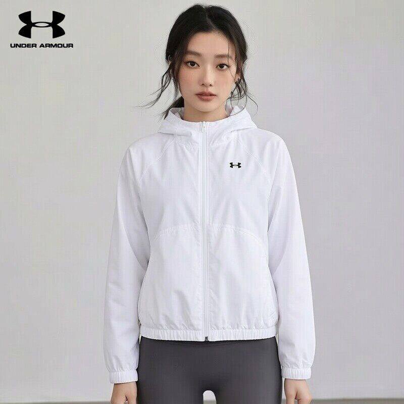 UA安德玛白色外套女秋冬新款薄款皮肤衣快干运动服连帽夹克上衣图片