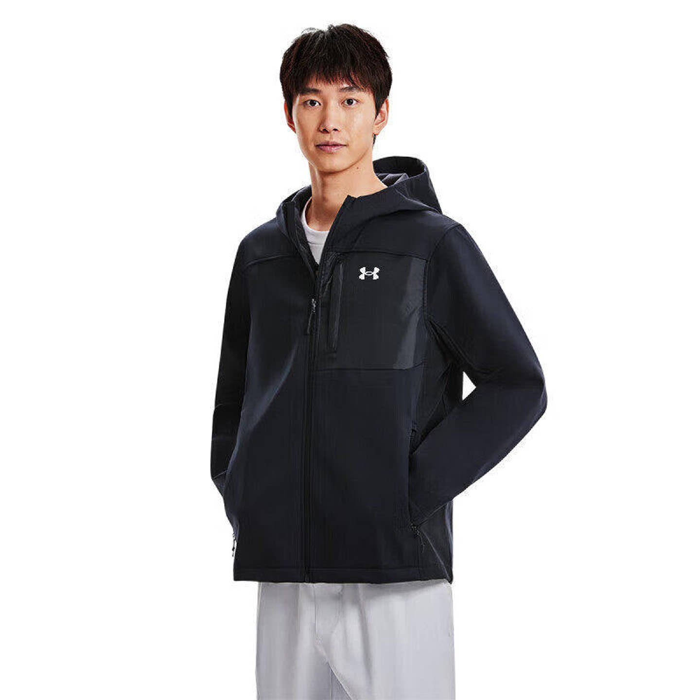 安德玛男装 运动服梭织加绒外套正品户外冲锋上衣连帽防风衣夹克