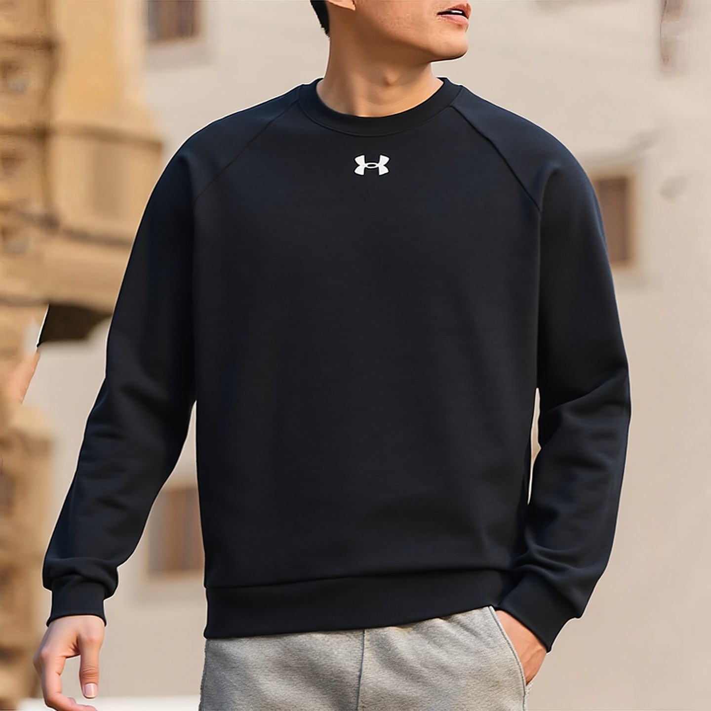 UA安德玛加绒卫衣男装秋冬运动服跑步训练毛圈上衣休闲圆领套头衫