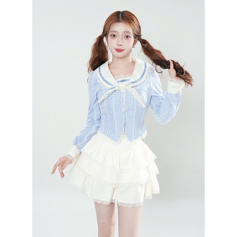 【云端少女】美式复古学院风蓝白初春温柔绝美收腰显瘦JK制服套装