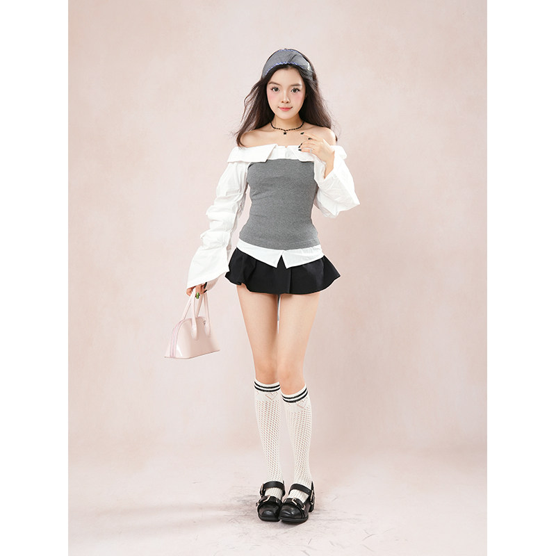 学院风小众一字肩上衣黑色半身裙两件套秋季甜美小个子百搭套装女