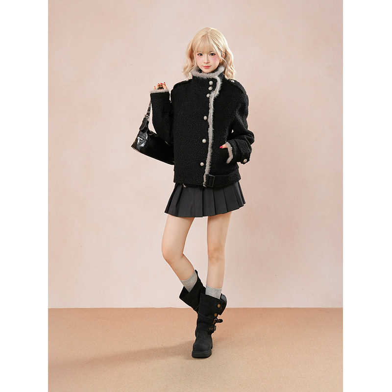 暗棕小香日系复古夹克女冬季新款小众设计通勤宽松立领斜门襟外套