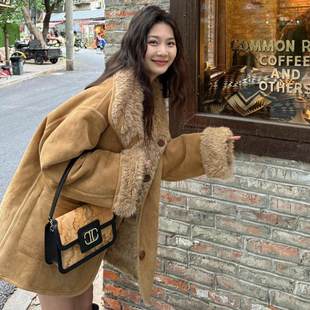 2025冬新款 皮毛一体机车服加厚保暖大衣 两面穿羊羔毛外套女中长款