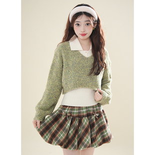 萤火之森 森系毛衣+打底衫+格纹花苞半裙套装2025秋冬新款三件套