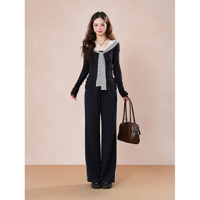 韩系简约风海军领条纹撞色长袖针织修身显瘦上衣+休闲长裤两件套,女装/女士精品,时尚套装,淘宝优惠券,粉丝福利购,淘宝优惠卷