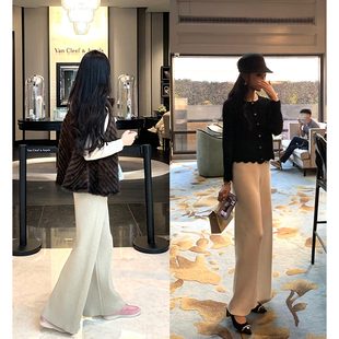 Boamarket 100%羊毛宽松直筒裤女秋冬新款松紧腰休闲显瘦阔腿长裤