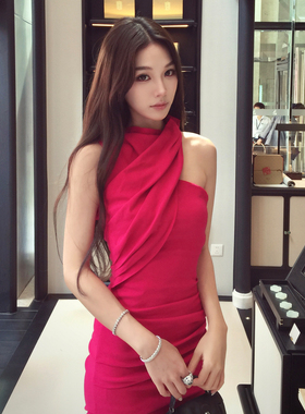 Boamarket 玫红连衣裙收腰御姐风修身显瘦女新品无袖包臀裙短裙