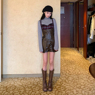 Boamarket 假两件皮连体裤女秋冬新款立设计感休闲背带裤带胸垫