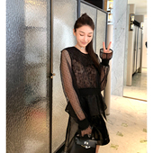 衬衫 Boamarket 黑色闪闪网纱上衣空气感针织蕾丝提花编织收腰长袖