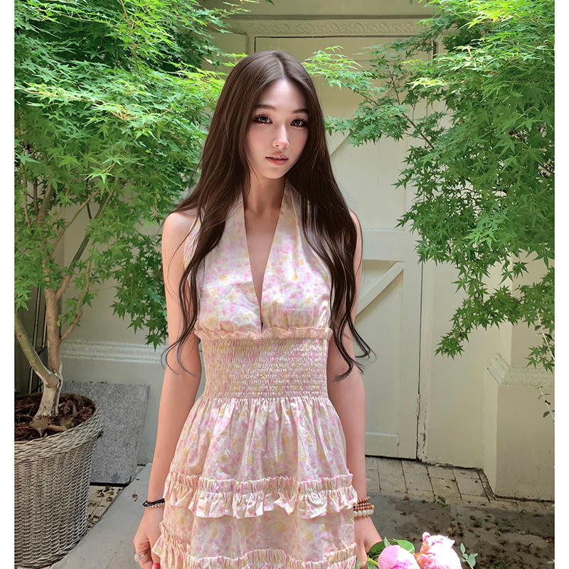 Boamarket 挂脖碎花裙子女夏季新款纯欲甜美无袖修身显瘦连衣裙