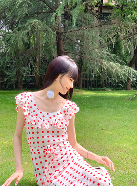 Boamarket 红色波点连衣裙女夏季新款高级感荷叶边收腰显瘦长裙子