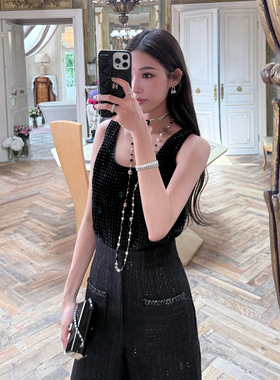 Boamarket 黑色闪丝背心 粗花呢闪丝长裤高级感时尚百搭两件套