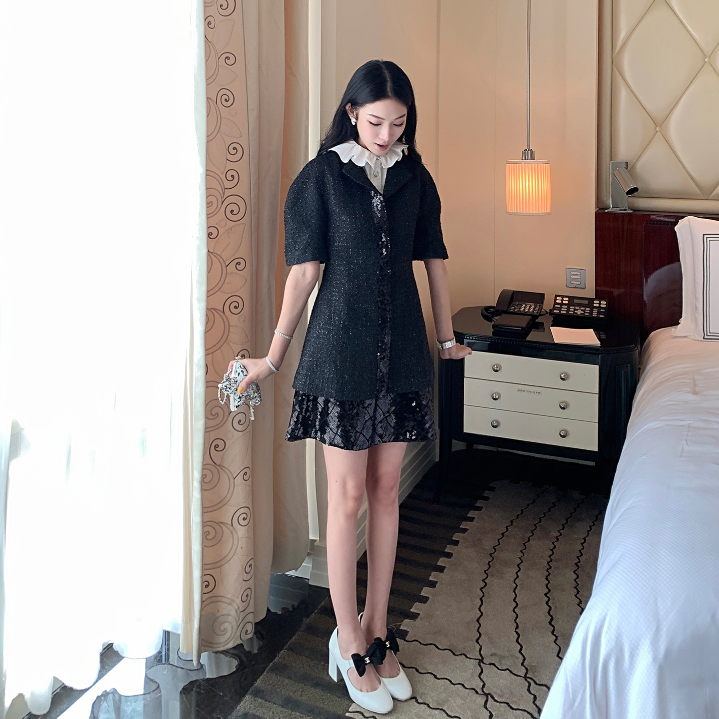 Boamarket 亮片三件套女秋新款上衣半身裙无袖内搭套装 售完无补