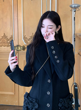 Boamarket 手工花朵黑色小香风大衣贵气感重工冬季新款毛呢外套女